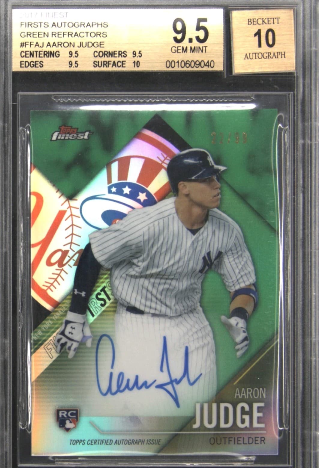 2017 Finest First Autographs Green Refractors #FFAJ Aaron Judge /99 BGS 9.5 