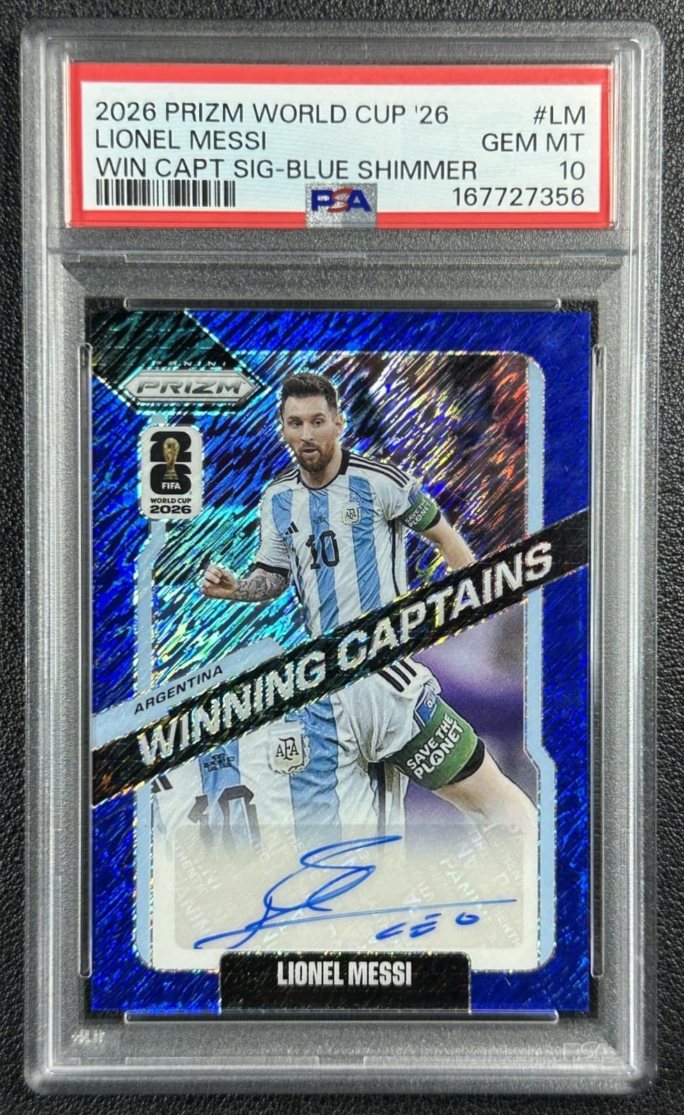 Lionel Messi Psa 10 2026 Panini Prizm Wc Winning Captains Blue Shimmer Auto Sp