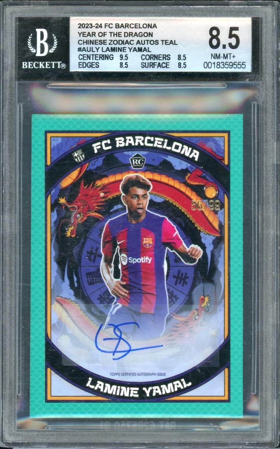 2023-24 Topps FCB Lamine Yamal Year of the Dragon Auto Teal /99 BGS 8.5