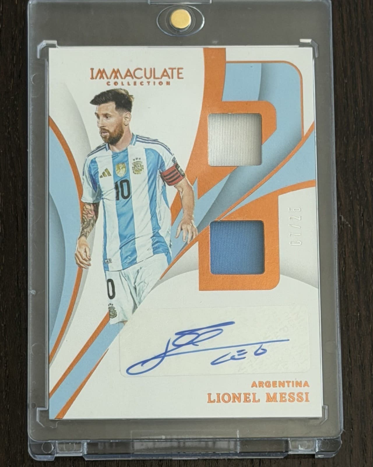 Lionel Messi 2024 Panini Immaculate Dual Swatch Argentina Auto 7/25 World Cup