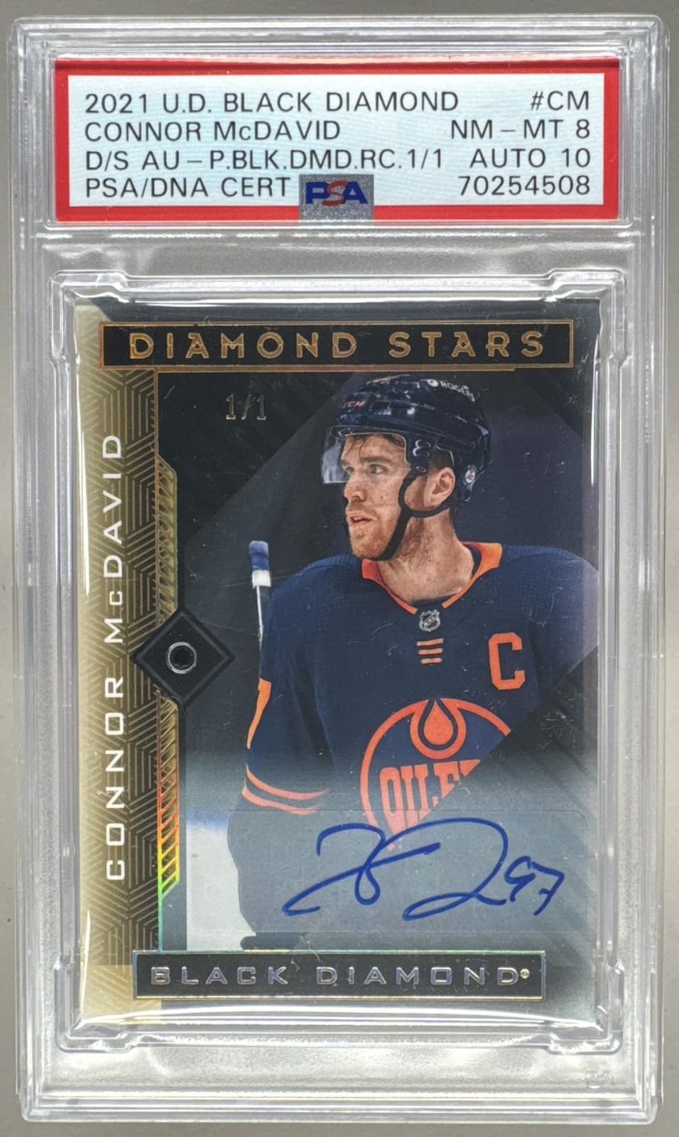 Connor McDavid 2021 Upper Deck Pure Black Diamond Stars Auto 1/1 PSA 8/10