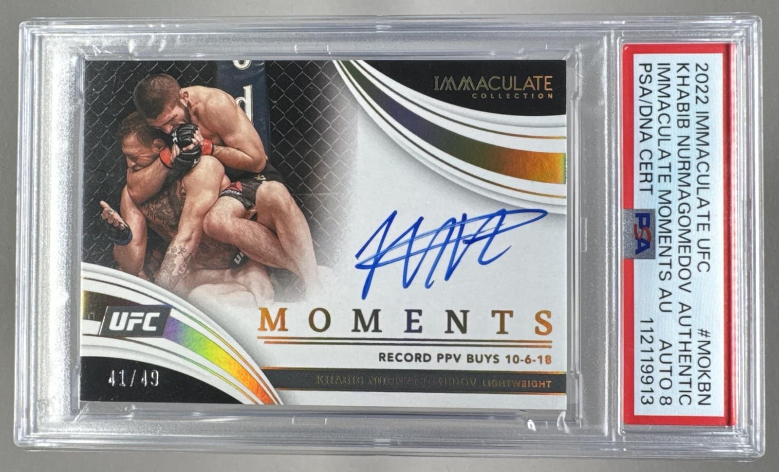 9913 Khabib Nurmagomedov 2022 Panini Immaculate UFC Moments Auto /49 PSA DNA 8