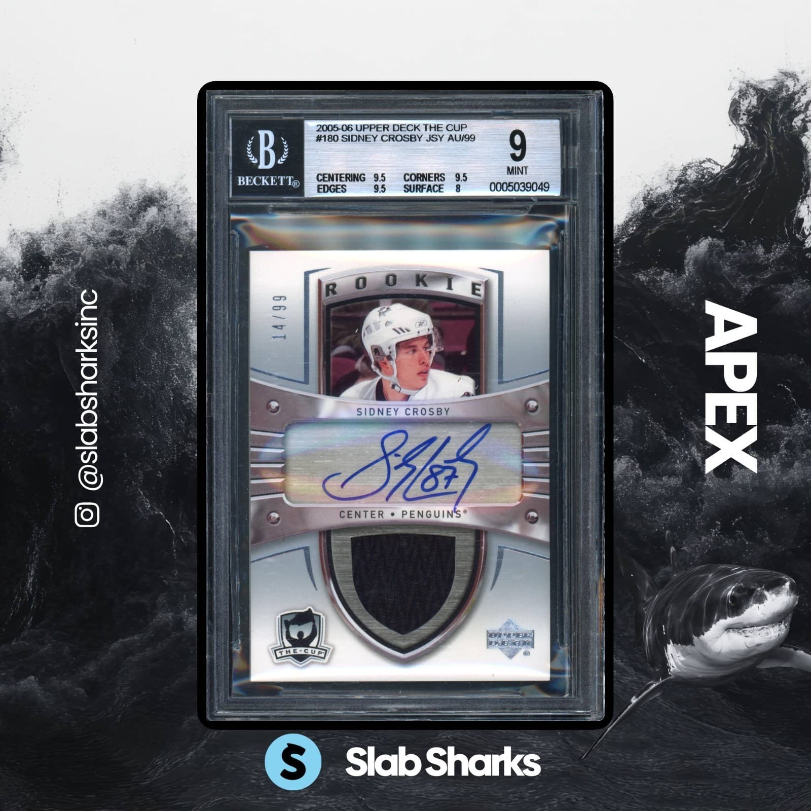 2005 UPPER DECK THE CUP #180 SIDNEY CROSBY ROOKIE PATCH AUTO 14/99 BGS 9 AUTO 10