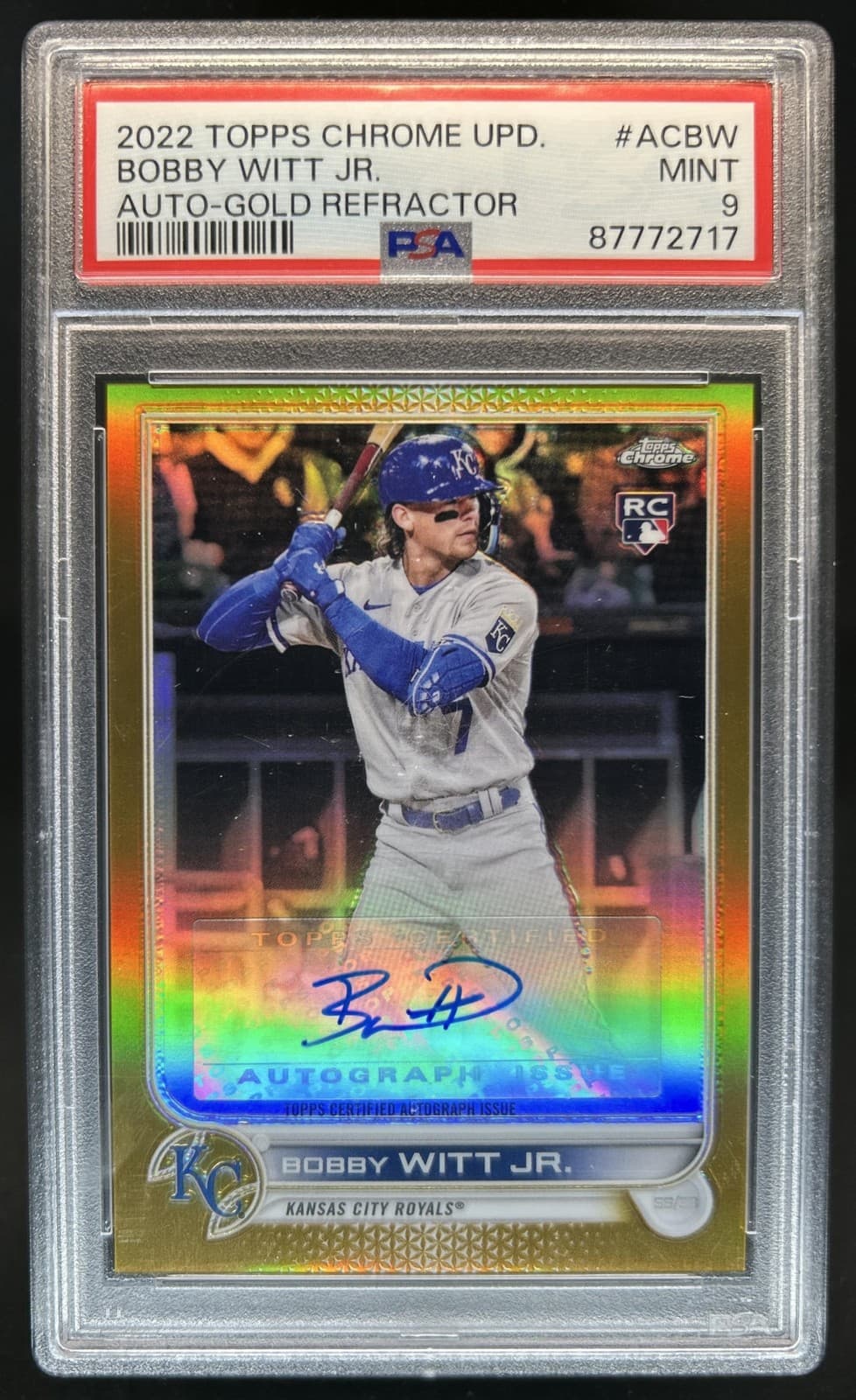 2022 Topps Chrome Update Bobby Witt Jr. Auto Gold Rookie RC #/50 Royals PSA 9