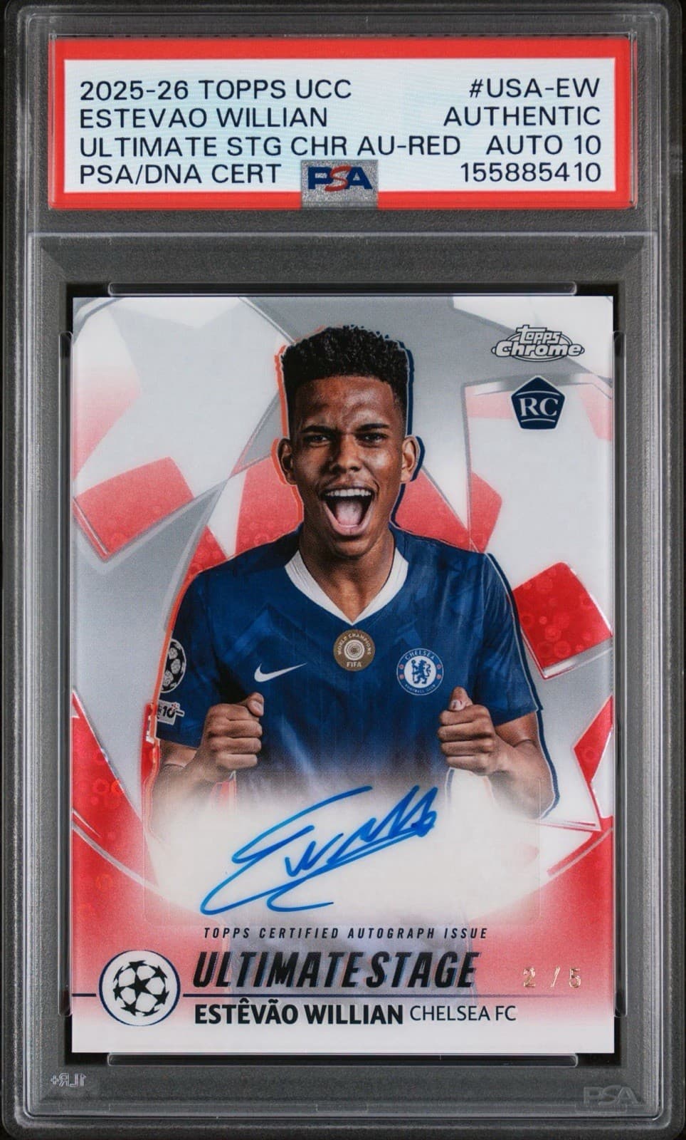 2025-26 Topps UCC Estevao Willian RC Ultimate Stage Red 2/5 Autograph PSA 10 AU