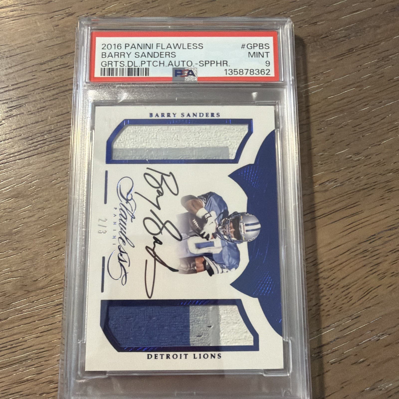 2016 Flawless Greats Sapphire Barry Sanders HOF Dual GU Patch AUTO 2/3 PSA 9