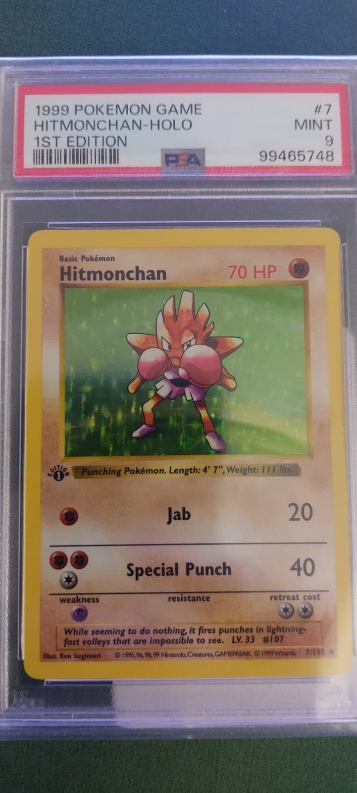 PSA 9 MINT Hitmonchan 1st Edition Base Set  Shadowless Holo Pokemon Card #7