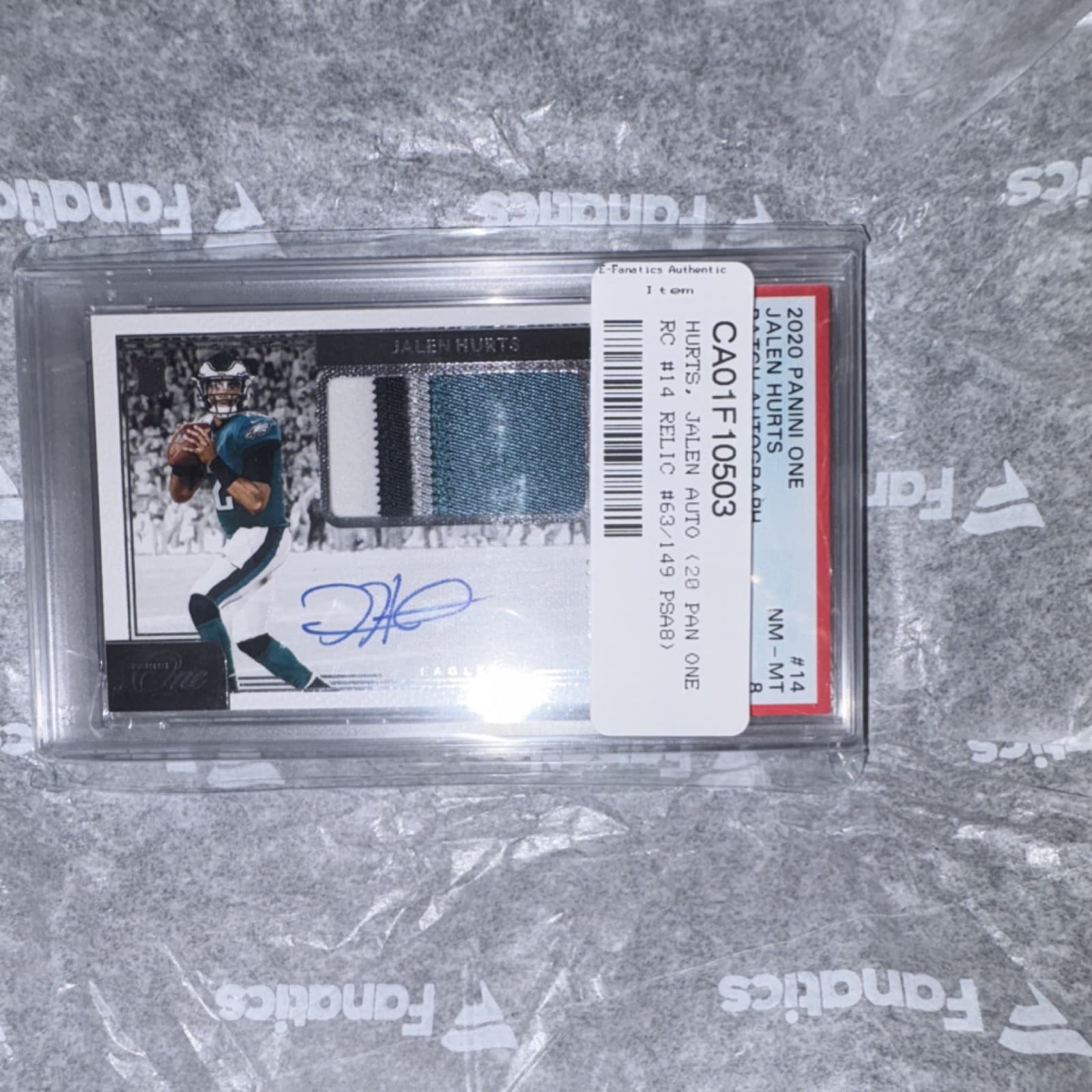 2020 Panini One Jalen Hurts Eagles Autograph Rookie Patch #14/149 PSA Grade 8