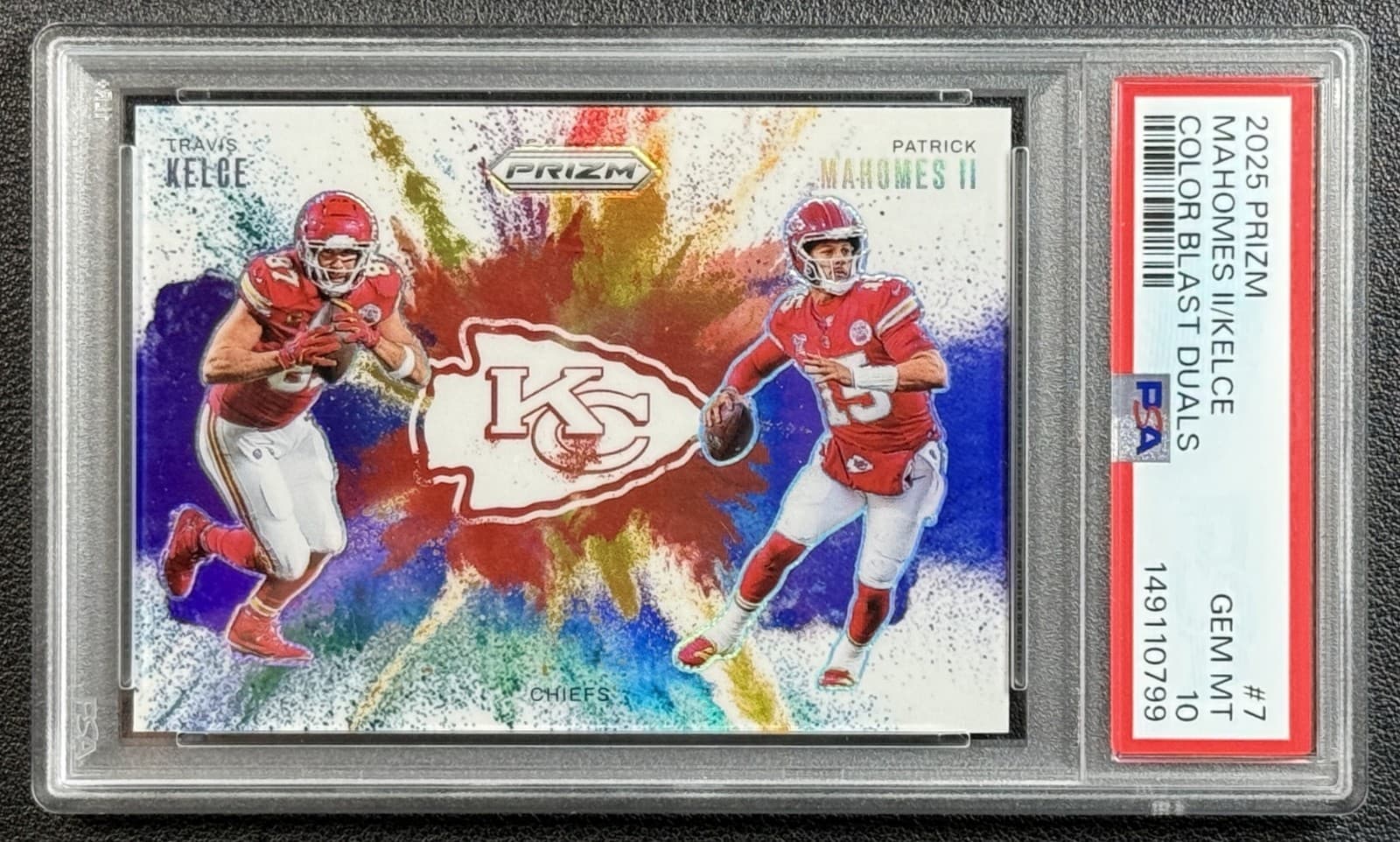 PATRICK MAHOMES II TRAVIS KELCE PSA 10 2025 PANINI PRIZM #7 COLOR BLAST DUALS SP