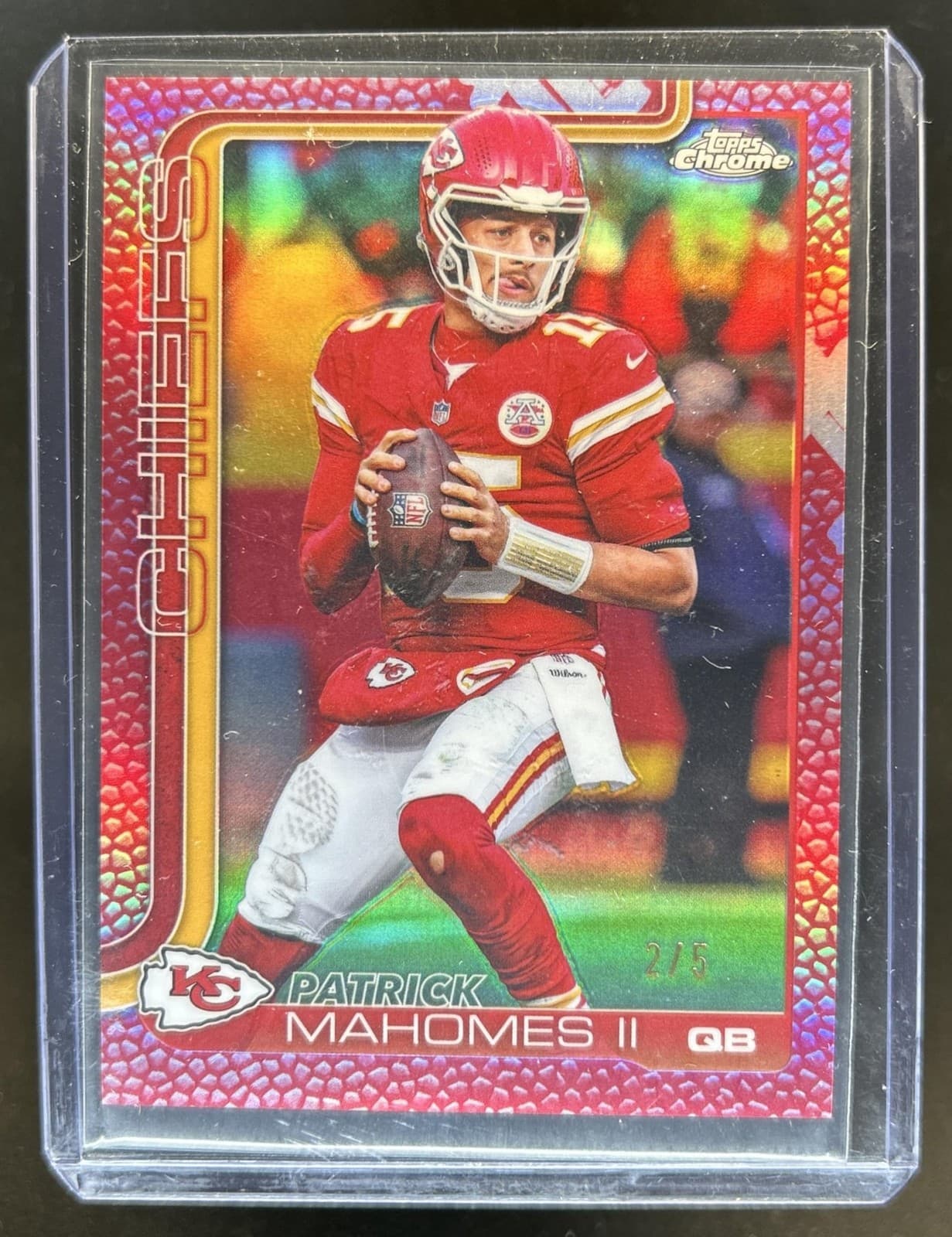 2025 Topps Chrome Patrick Mahomes II Football Leather Red Refractor #/5 Chiefs