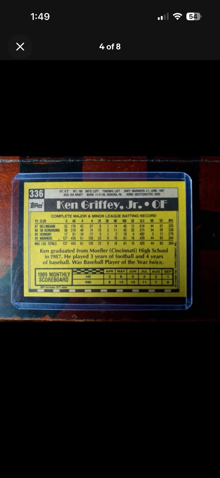 Topps 1989 Ken Griffey Jr. #336 Seattle Mariners All-Star Rookie Baseball Card
