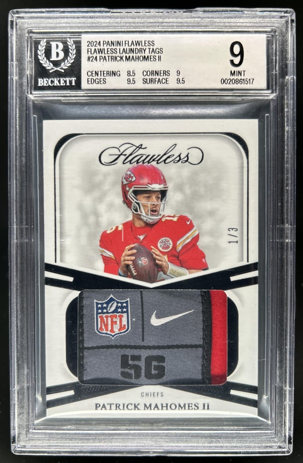 2024 Panini Flawless Patrick Mahomes II Laundry Tags #/3 Chiefs BGS 9