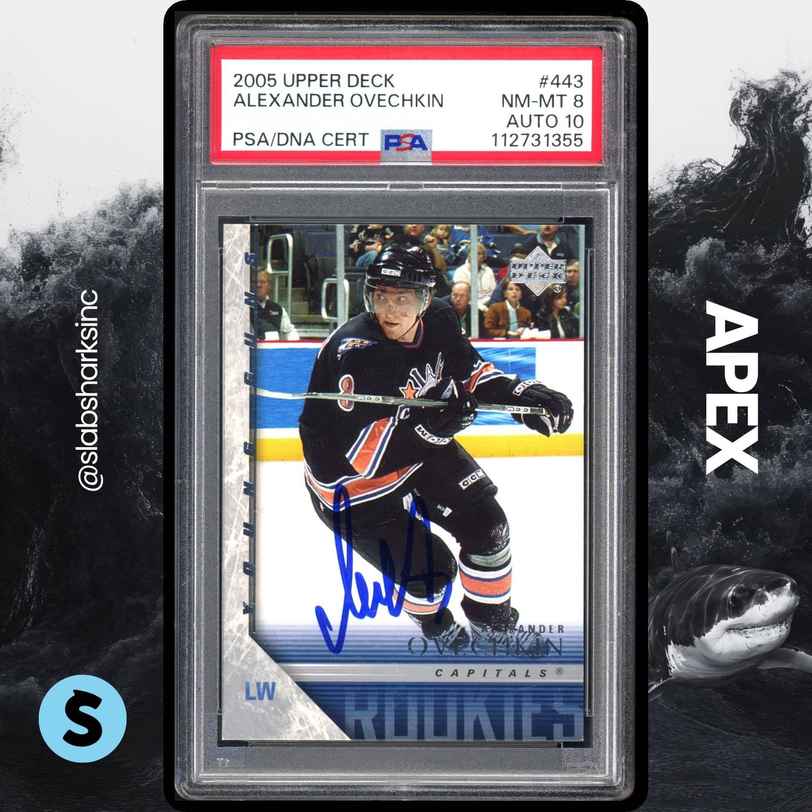 2005 UPPER DECK #443 ALEXANDER OVECHKIN YOUNG GUNS RC ROOKIE PSA 8 AUTO 10