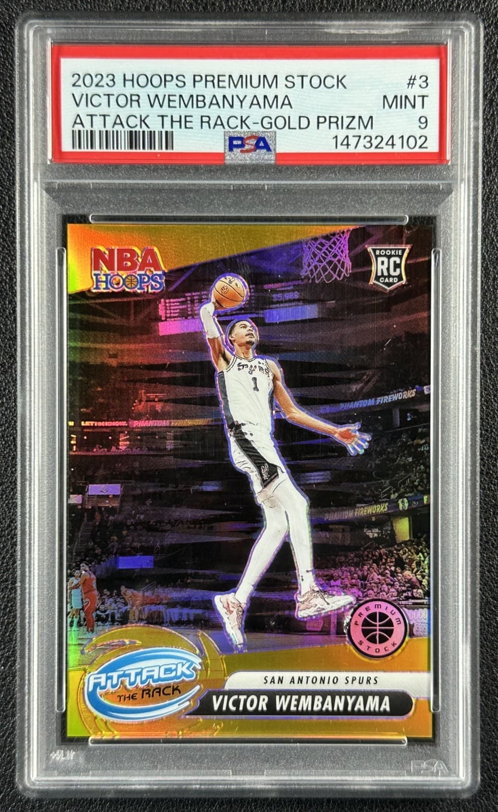VICTOR WEMBANYAMA PSA 9 2023 HOOPS PREMIUM STOCK #3 ATTACK THE RACK GOLD RC 9/10