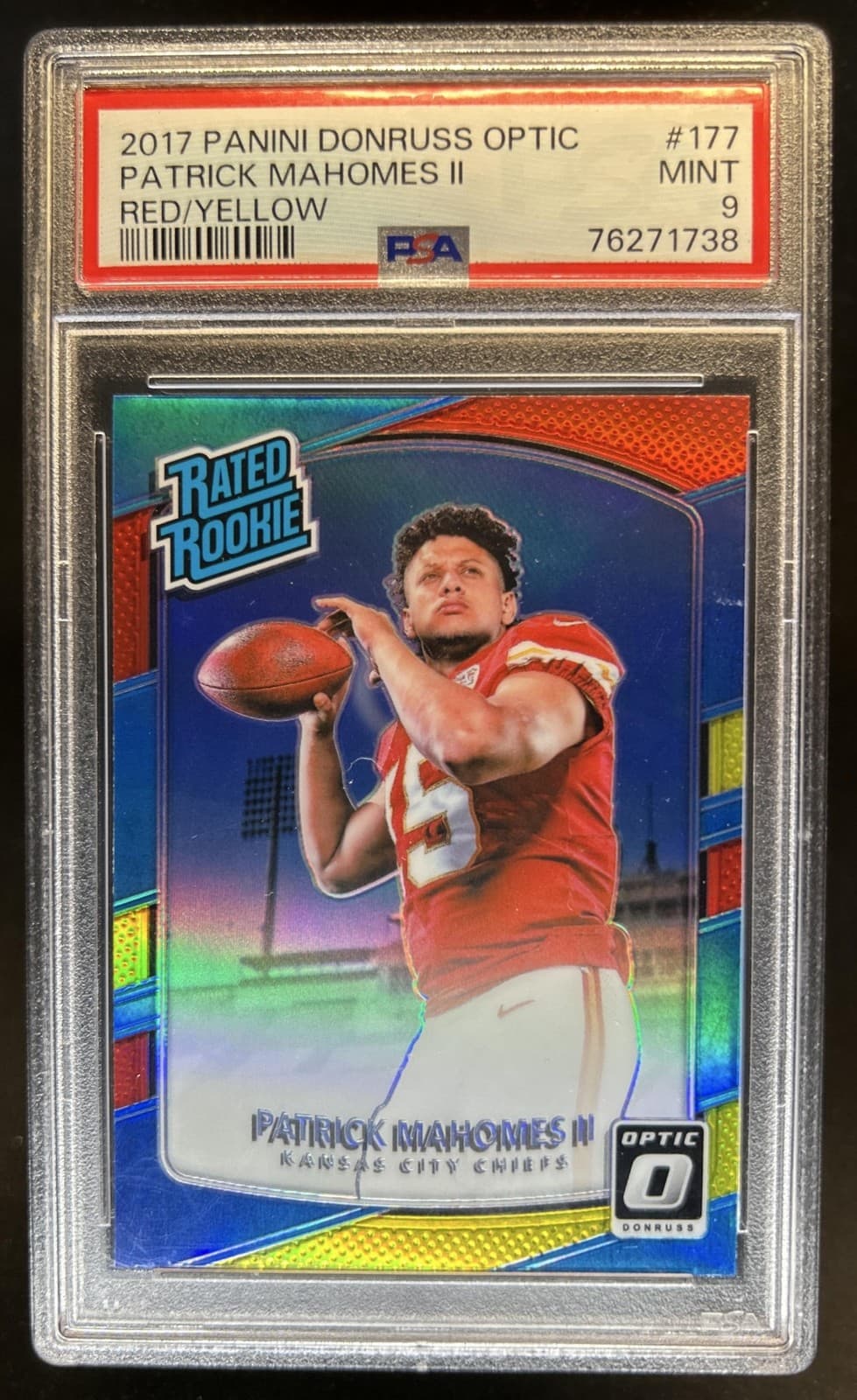2017 Donruss Optic Patrick Mahomes II Red and Yellow RC Rated Rookie #177 PSA 9