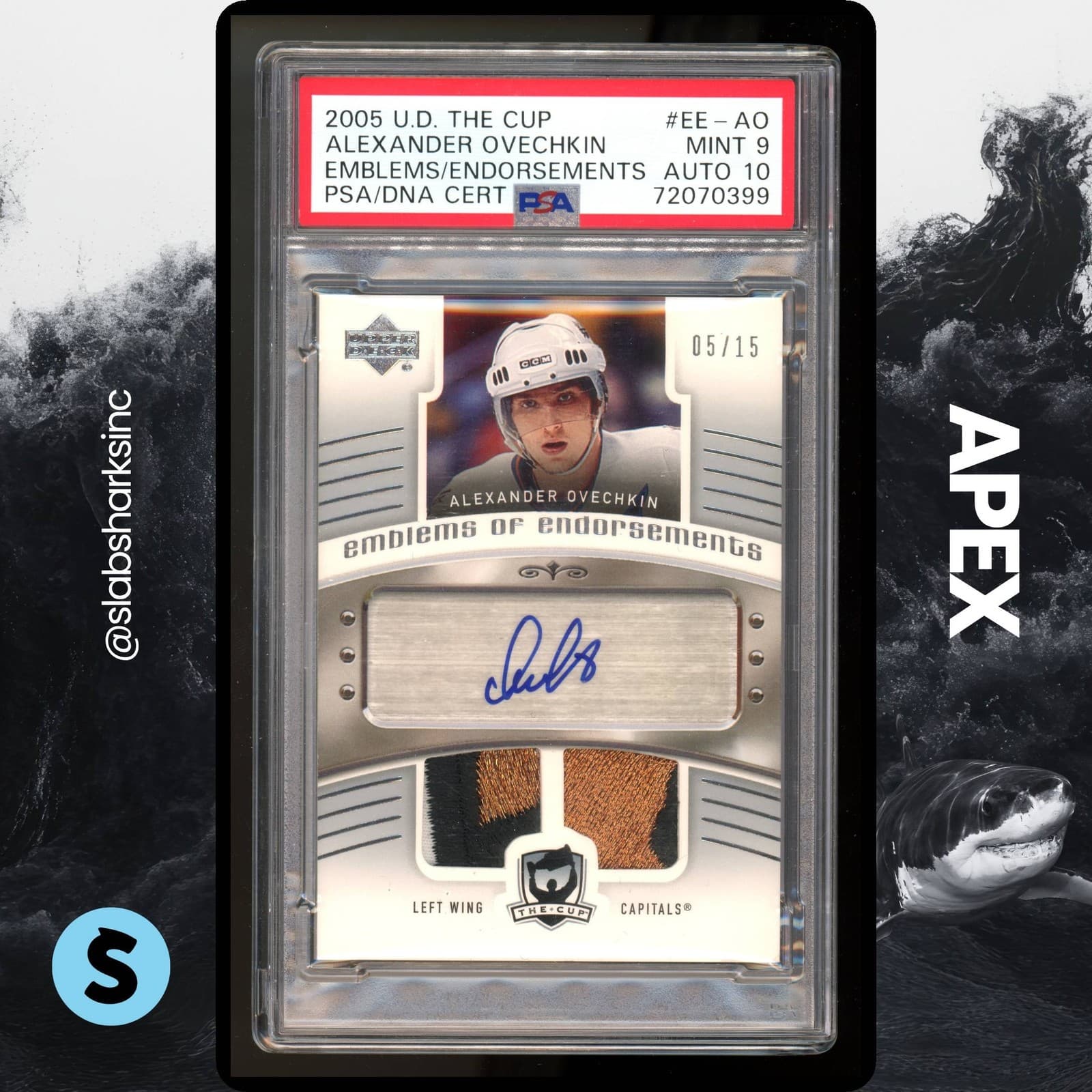 2005 THE CUP ALEXANDER OVECHKIN EMBLEMS OF ENDORSEMENTS PATCH AUTO RC /15 PSA 9