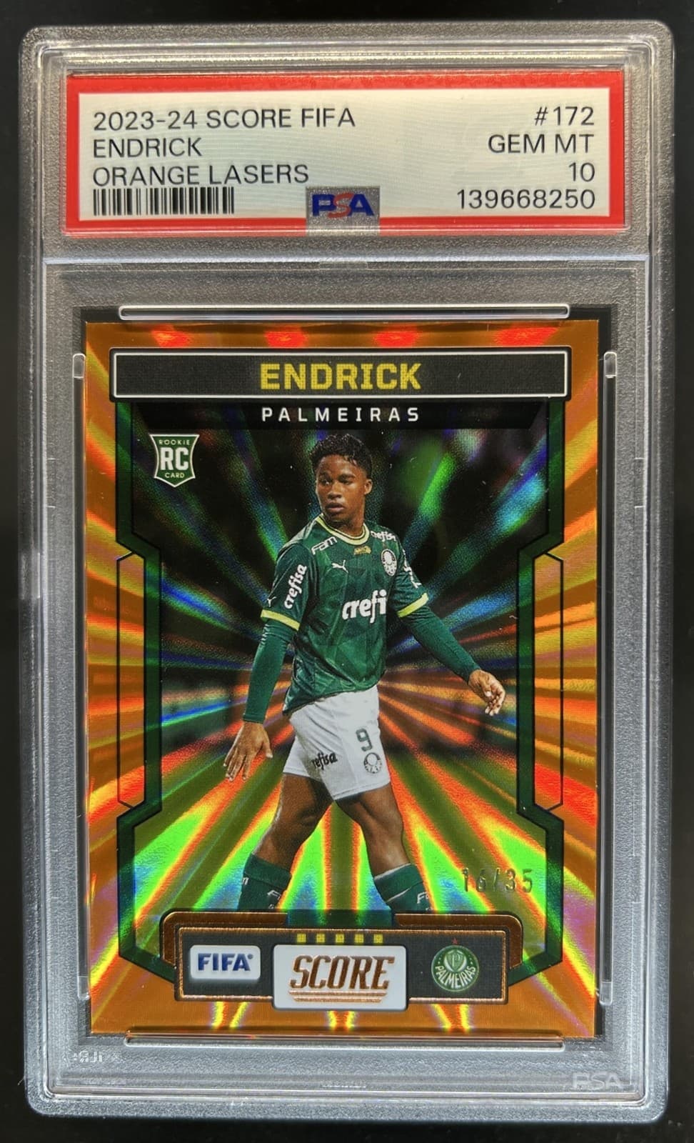 2023-24 Panini Score FIFA Endrick RC Orange Lasers Rookie #/35 PSA 10 GEM MINT
