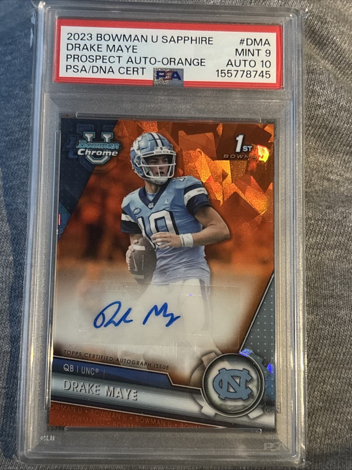 2023 BOWMAN UNIVERSITY CHROME SAPPHIRE PROSPECT AUTO ORANGE DRAKE MAYE /25 PSA 9