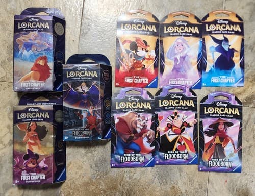 Disney LORCANA- LOT - 6 PACKS & 3 STRTR DECKS- FIRST CHAPTER and Rise of the FB