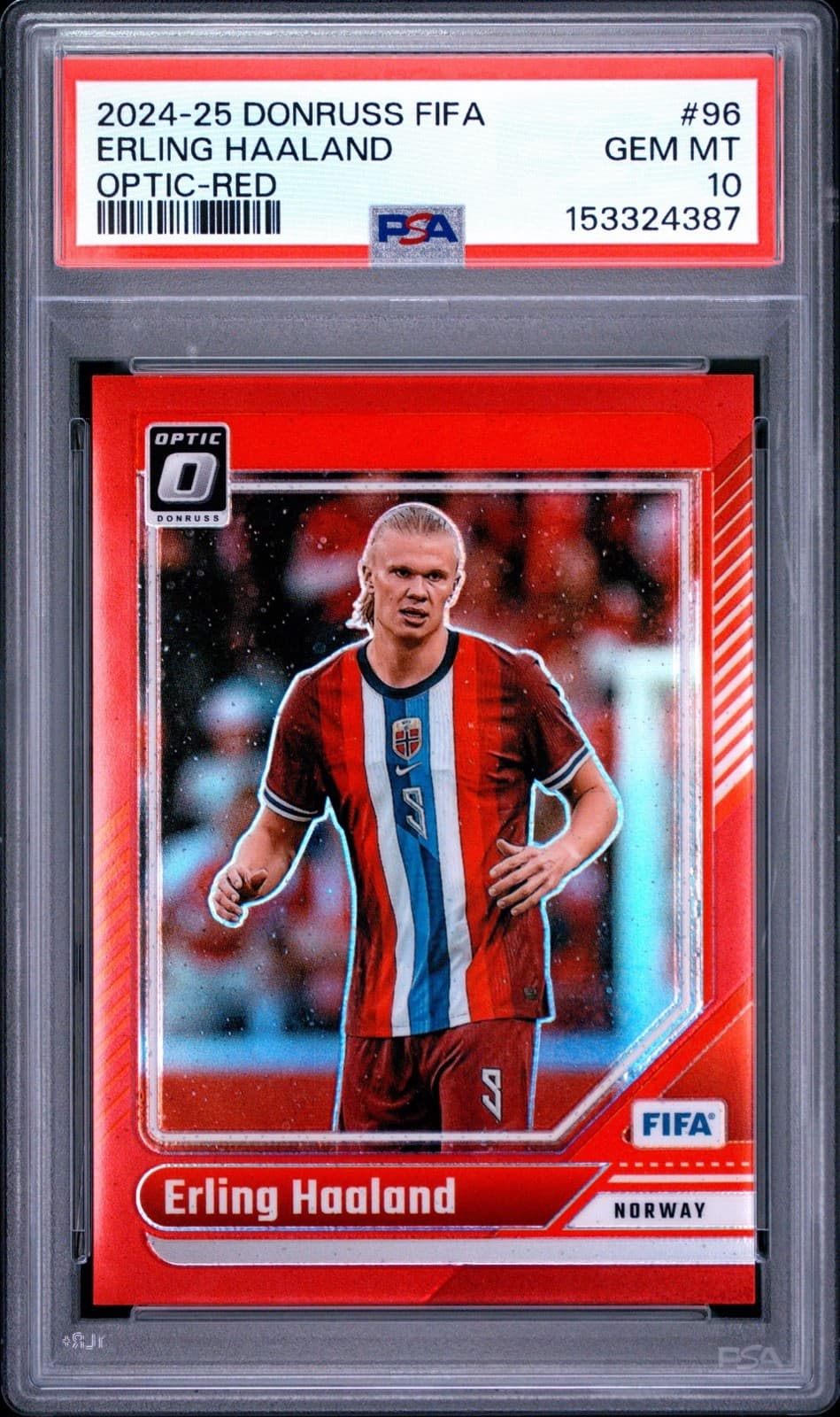 Erling Haaland 2024-25 Panini Donruss FIFA Optic #96 Red Prizm 98/299 PSA 10