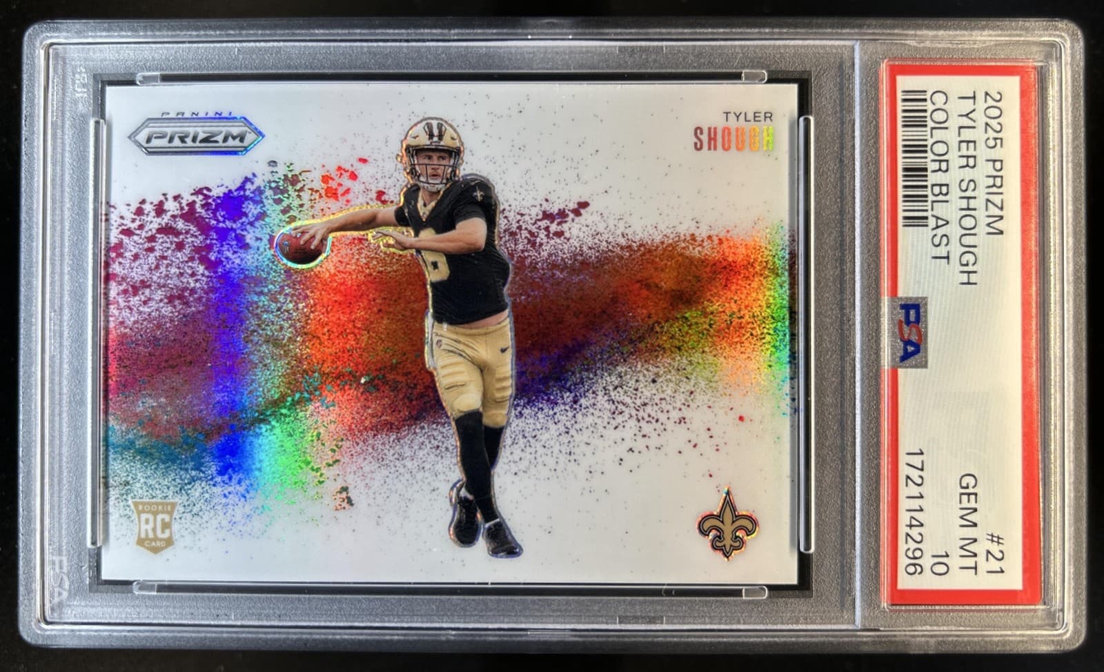 2025 Panini Prizm Tyler Shough Color Blast Rookie RC #21 Saints PSA 10 GEM MINT