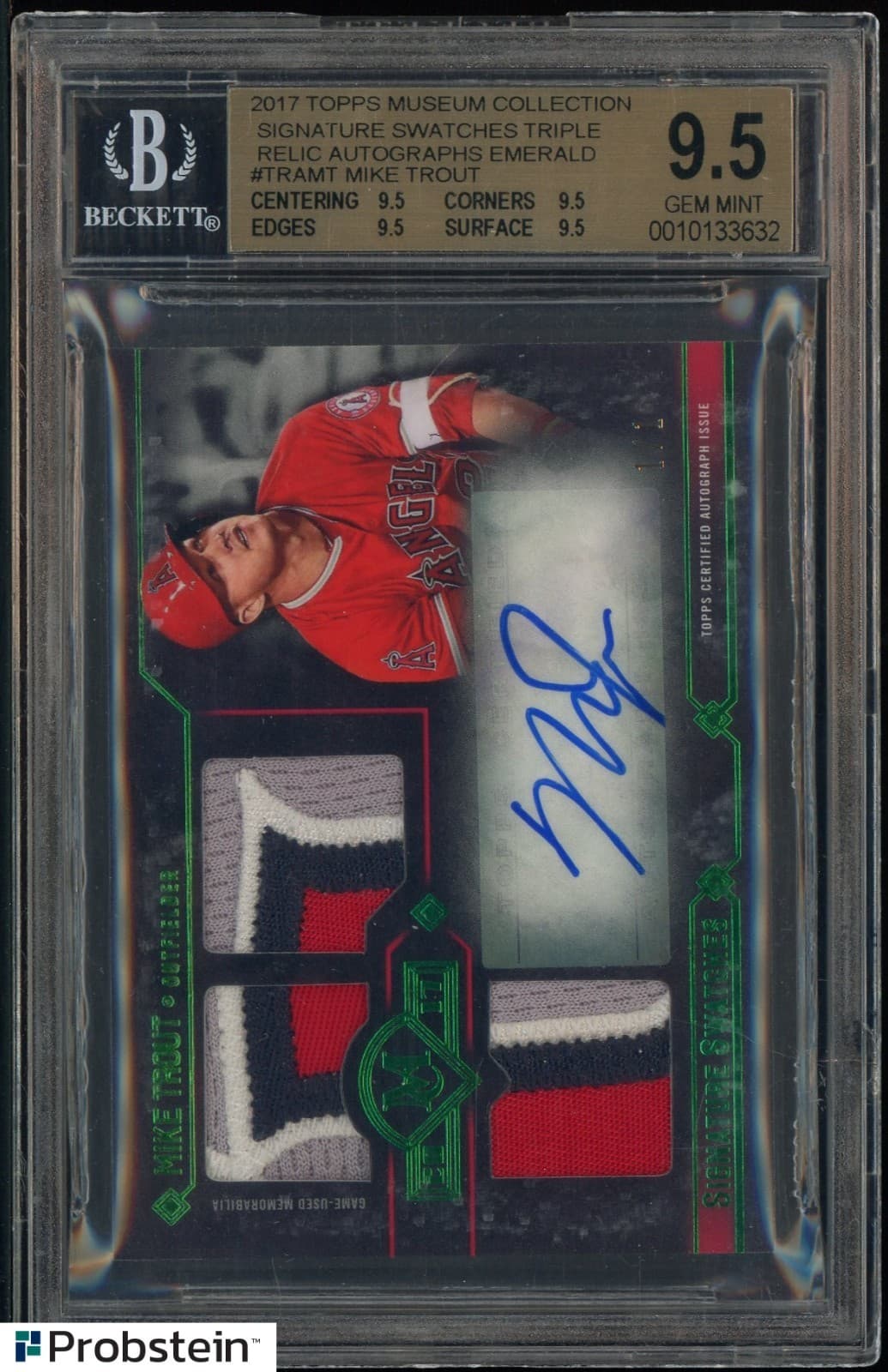 2017 Topps Museum Emerald Mike Trout Triple Patch AUTO 1 OF 1 BGS 9.5 GEM MINT