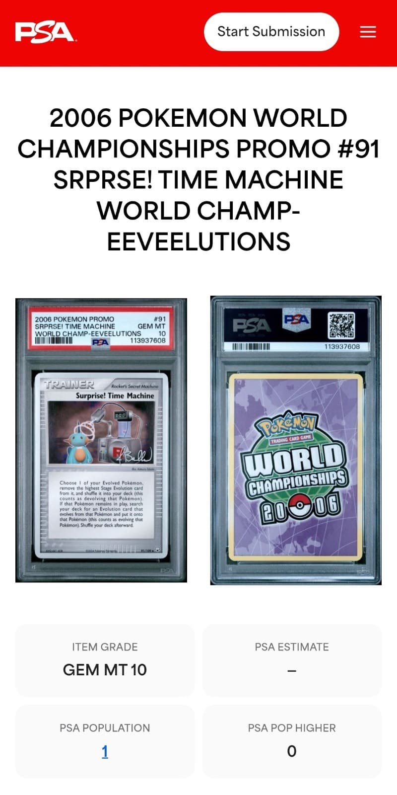 2006 Pokemon Promo Srprse Time Machine World Champ - Eeveelutions Psa 10, 91/109