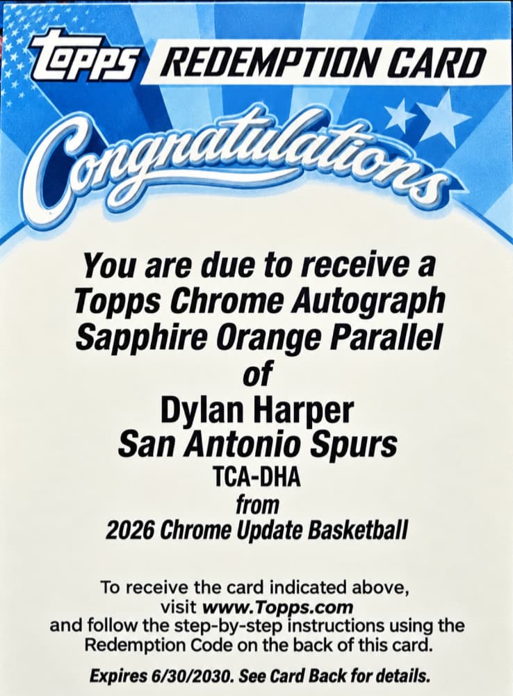 Dylan Harper RC /25 - Topps Chrome Update Sapphire - True Orange Autograph /25