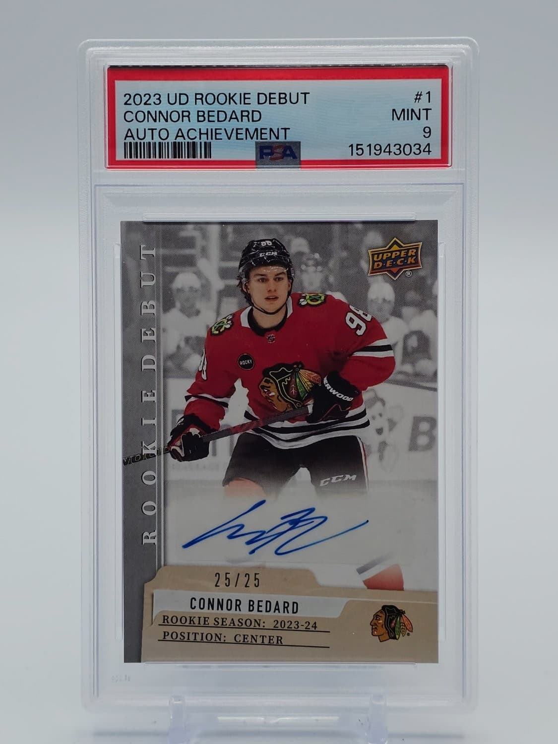 Connor Bedard 2023-24 Rookie Debut Auto Achievement Rookie Rc /25 #1 Psa 9 Q7128