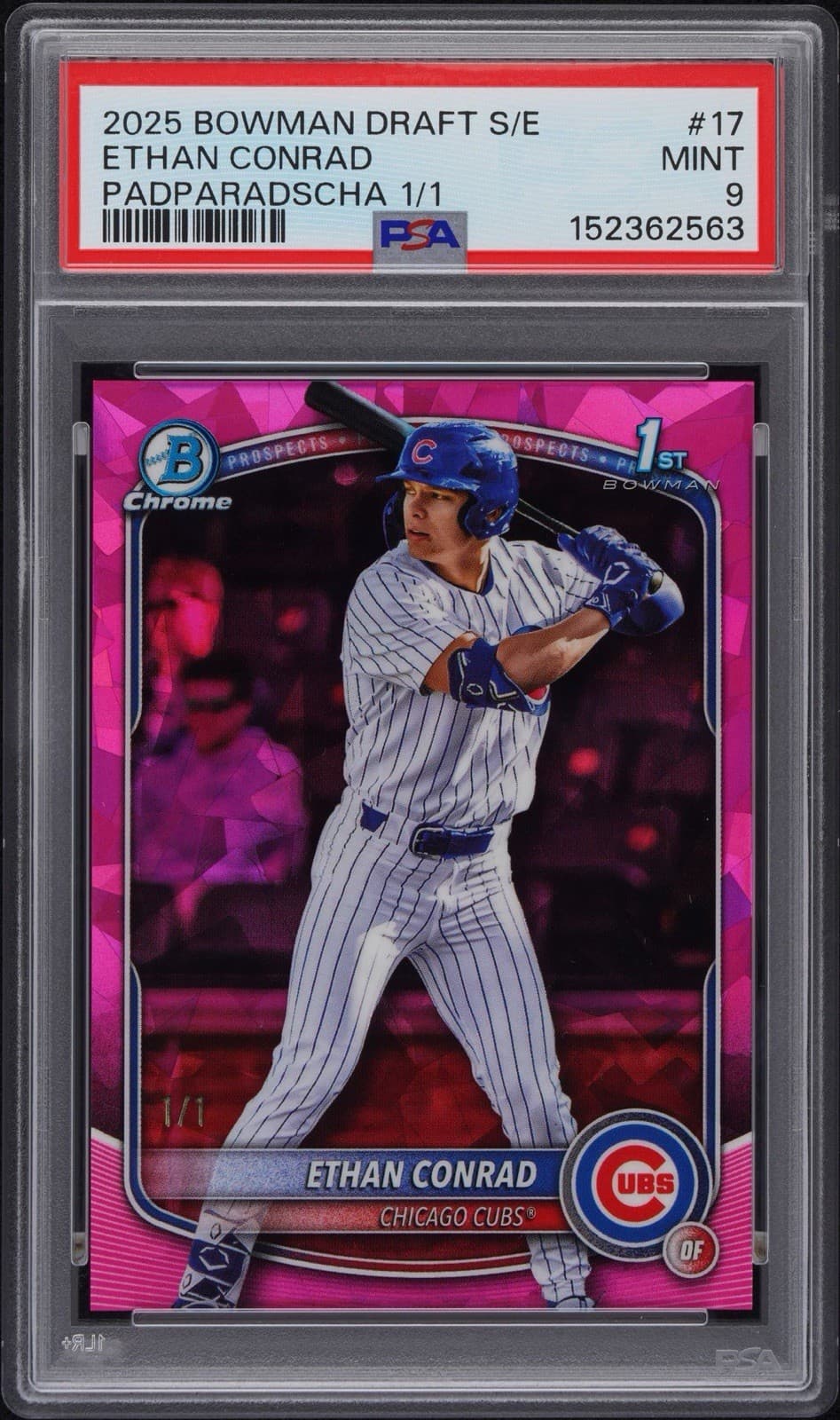 2025 Bowman Draft Sapphire Padparadscha 1/1 Ethan Conrad Cubs PSA 9