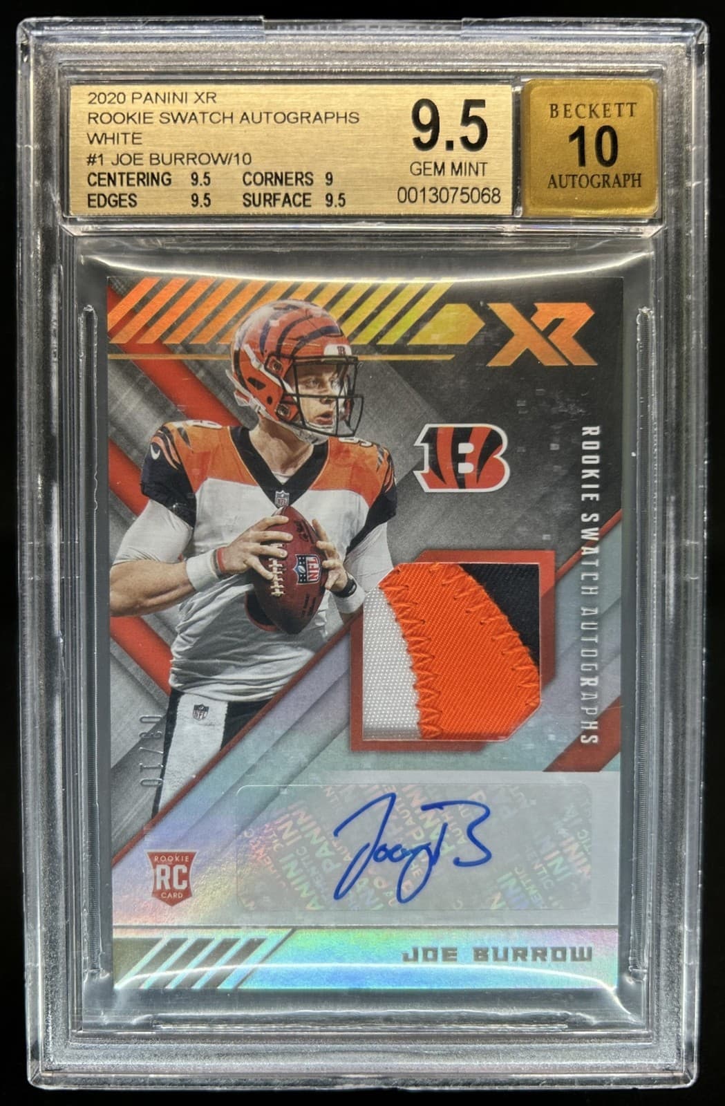 2020 Panini XR Joe Burrow Rookie Swatch Patch Auto White RC #/10 BGS 9.5/10