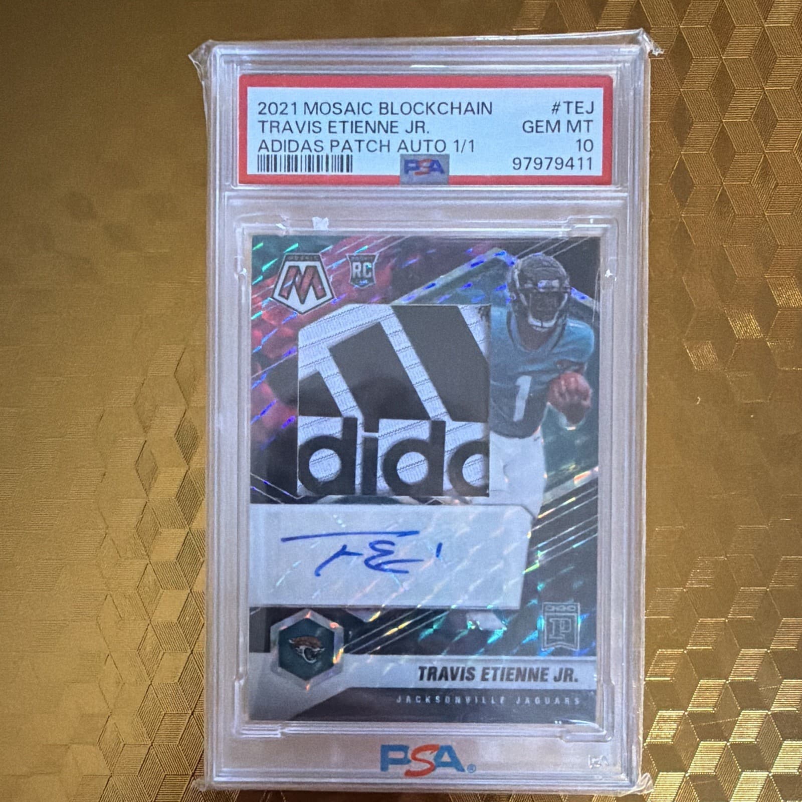 Panini 2021 Mosaic Blockchain Travis Etienne Jr Adidas Patch Auto 1/1 PSA 10