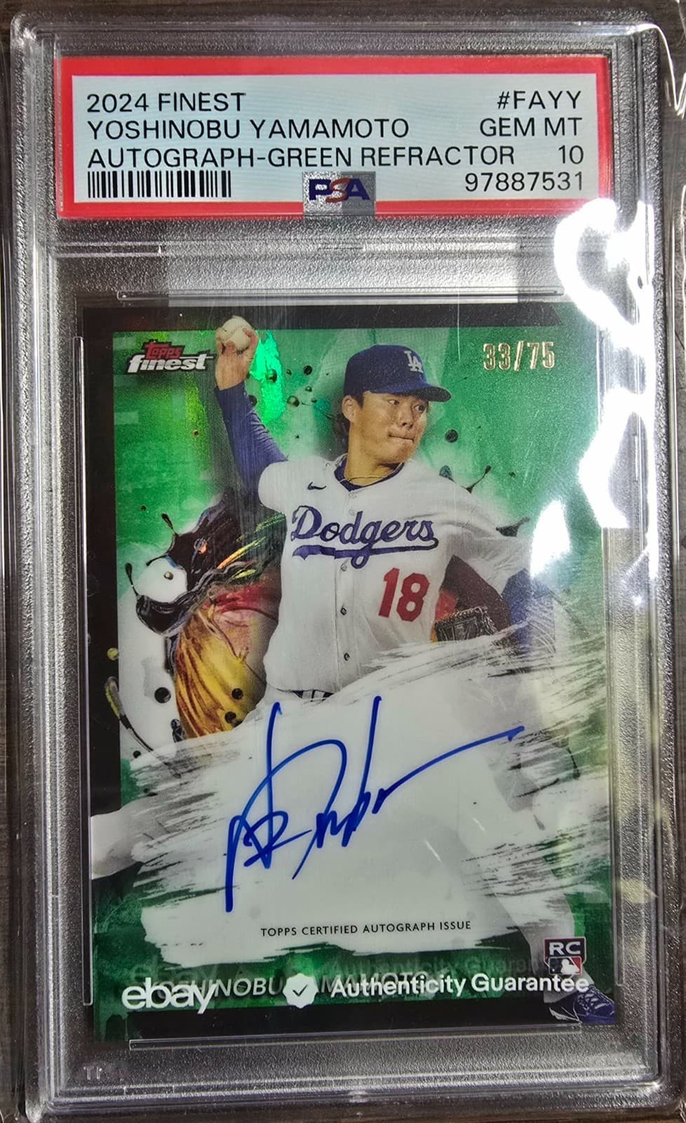 2024 FINEST YOSHINOBU YAMAMOTO AUTOGRAPH-GREEN REFRACTOR /75 GEM MINT 10 POP 21!