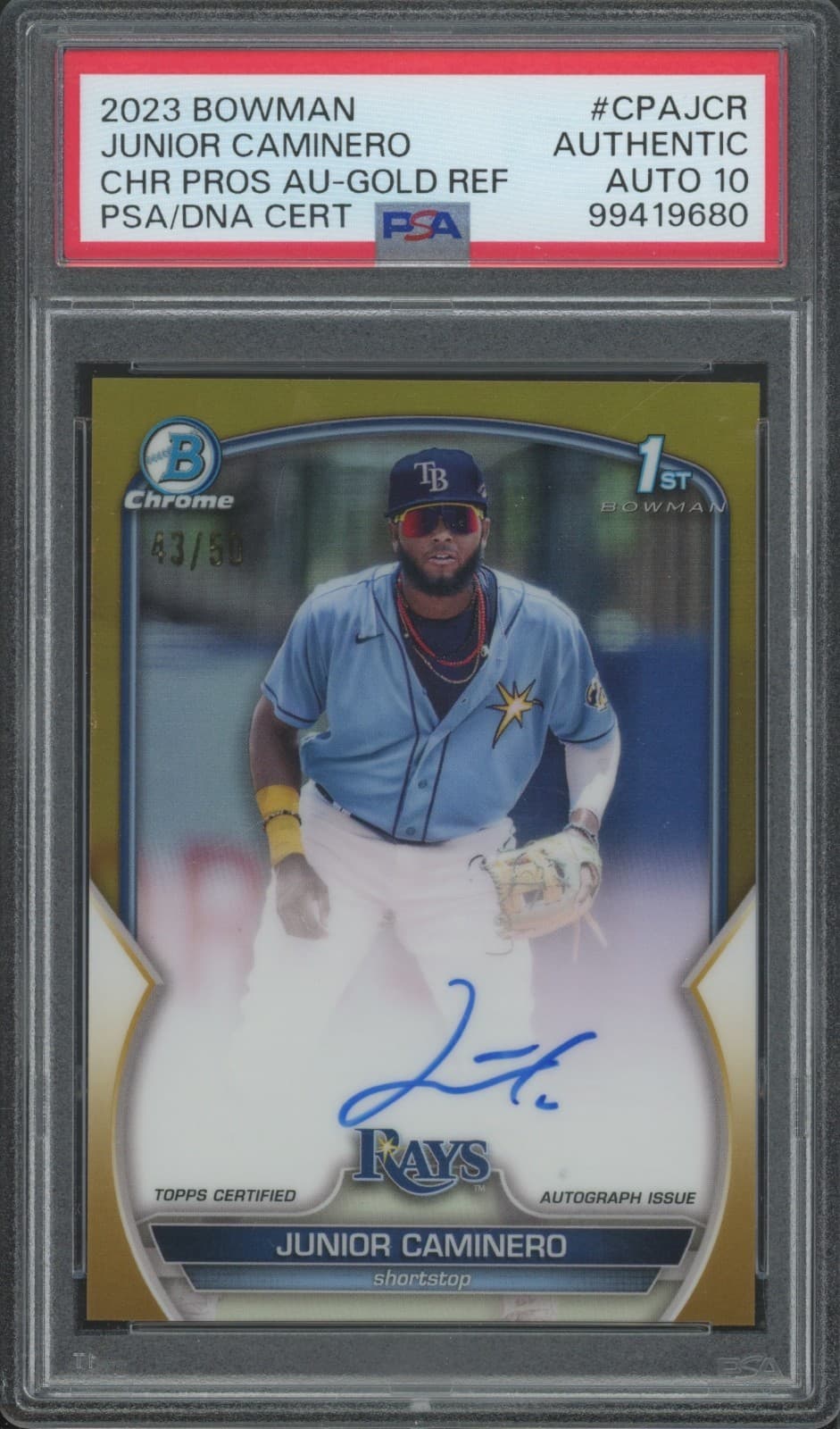 2023 Bowman Junior Caminero Chrome Auto 1st Refractor Gold #/50 Rays PSA AUTH 10