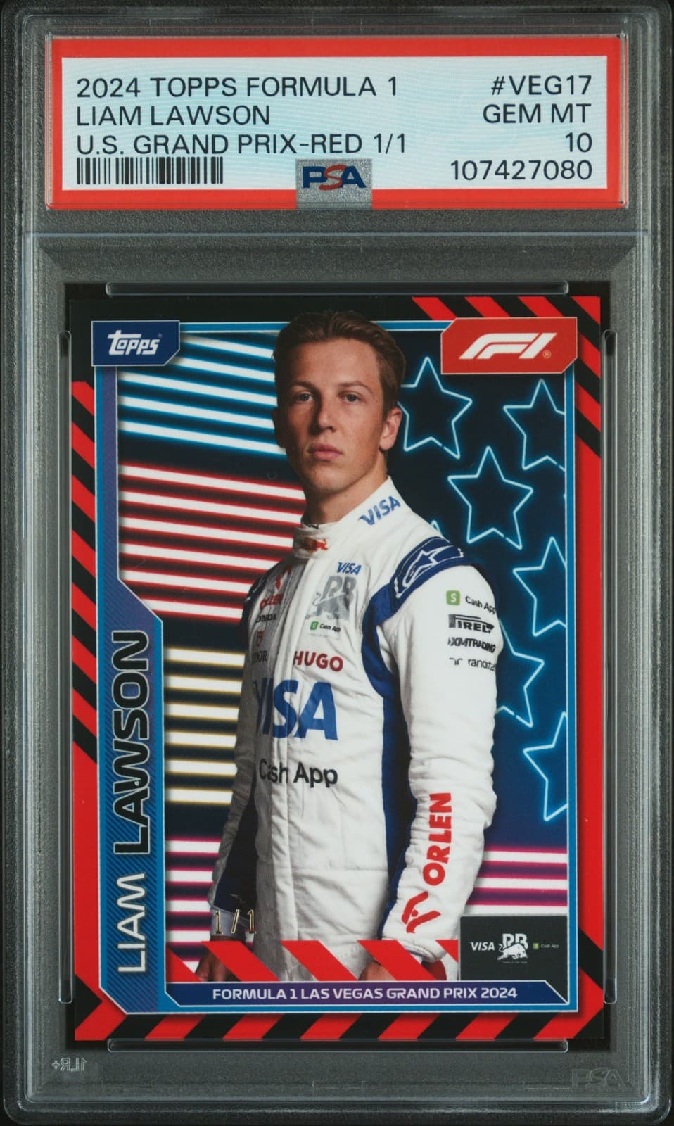 2024 Topps Formula 1 Las Vegas Grand Prix Red 1/1 #Veg17 Liam Lawson 1/1 Psa 10