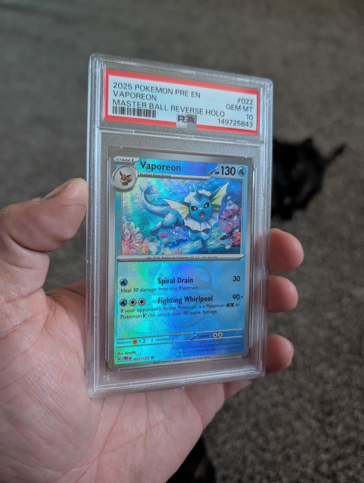 VAPOREON 2025 POKEMON PRE EN MASTER BALL REVERSE HOLO #022/131 PSA 10