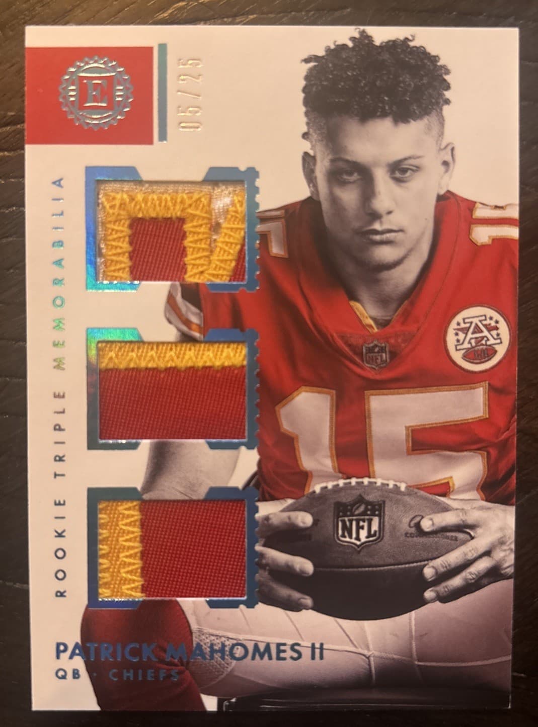 2017 Encased Patrick Mahomes Rookie 5/25 Triple Patch RC - Kansas City Chiefs