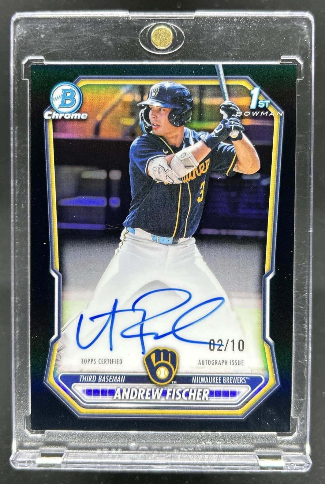 2026 Bowman Andrew Fischer Chrome Auto Black Refractor 1st Prospect #/10 Brewers