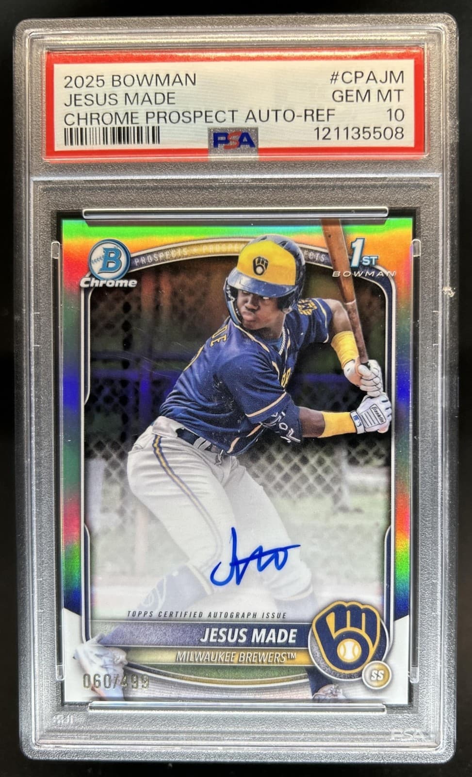 2025 Bowman Jesus Made Chrome Auto Refractor 1st Prospect #/499 Brewers PSA 10