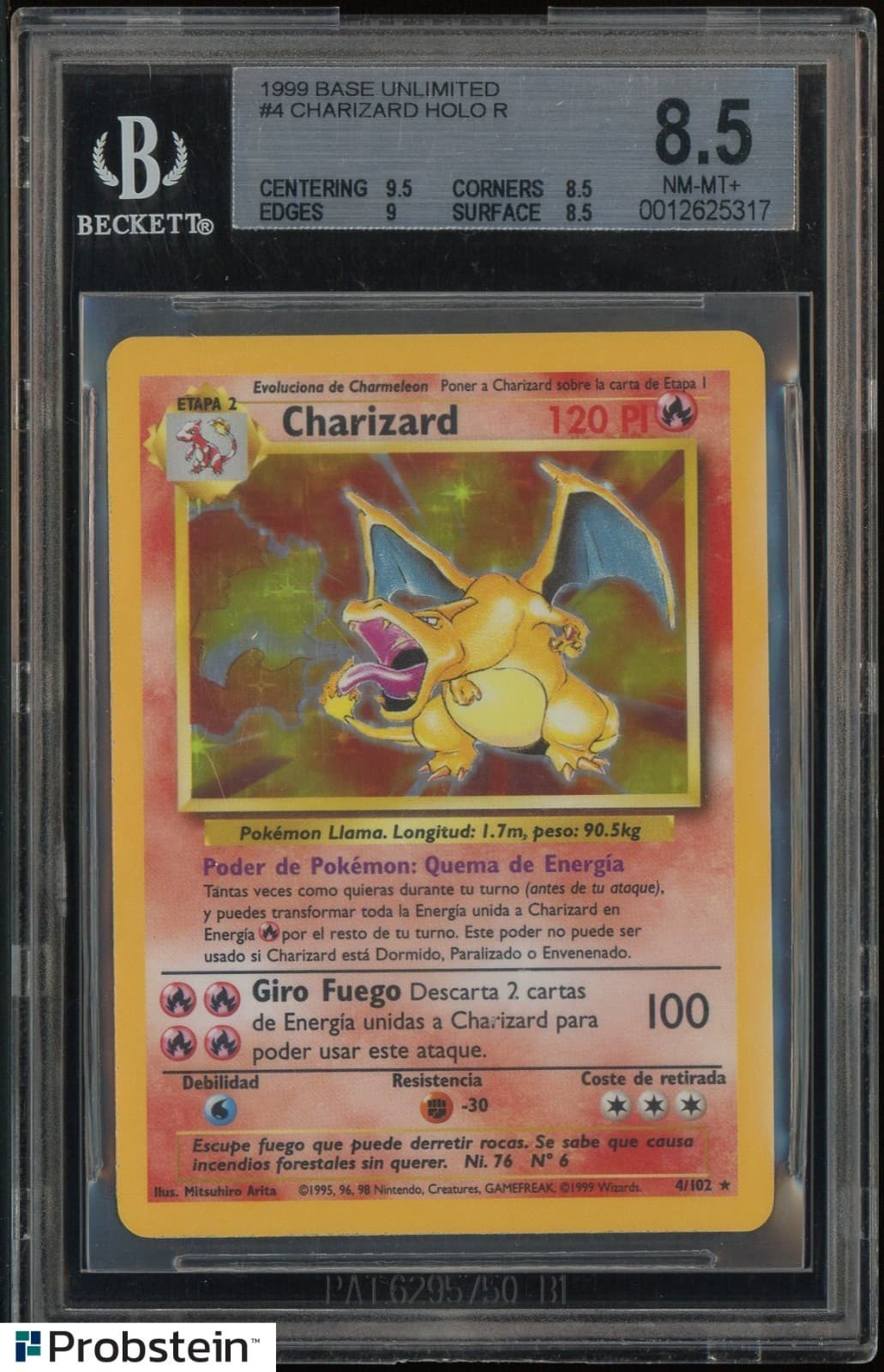 1999 Pokemon Base Set Unlimited #4 Charizard Holo R BGS 8.5 NM-MT+