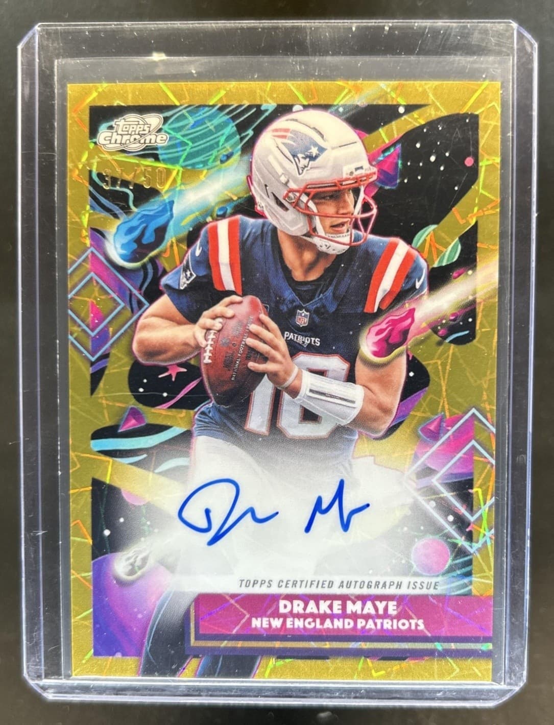 2025 Topps Cosmic Chrome Drake Maye Auto Gold Interstellar Refractor #/50