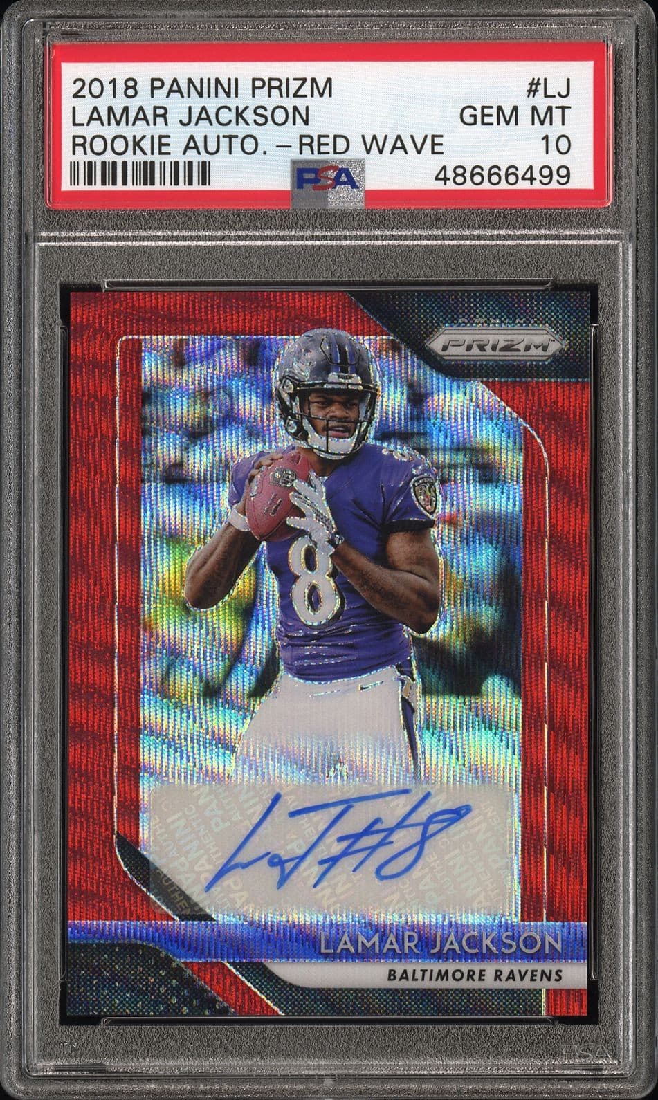 2018 Prizm Red Wave Rookie Auto #RA-LJ Lamar Jackson SN 20/25 PSA 10