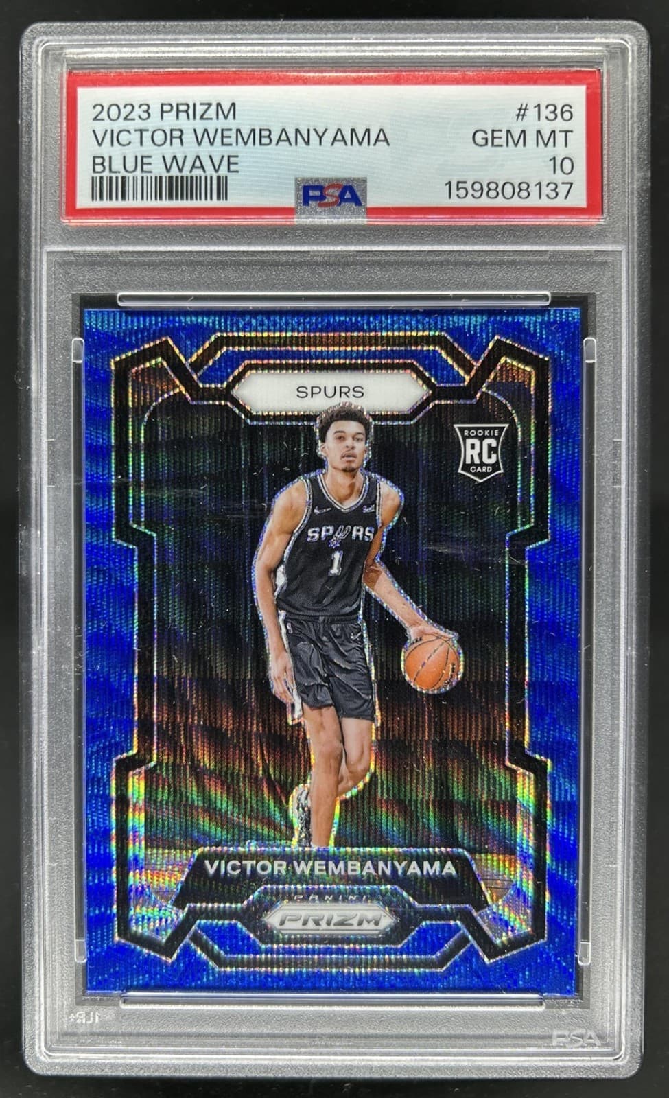 2023-24 Panini Prizm Victor Wembanyama RC Prizm Blue Wave #136 Spurs PSA 10