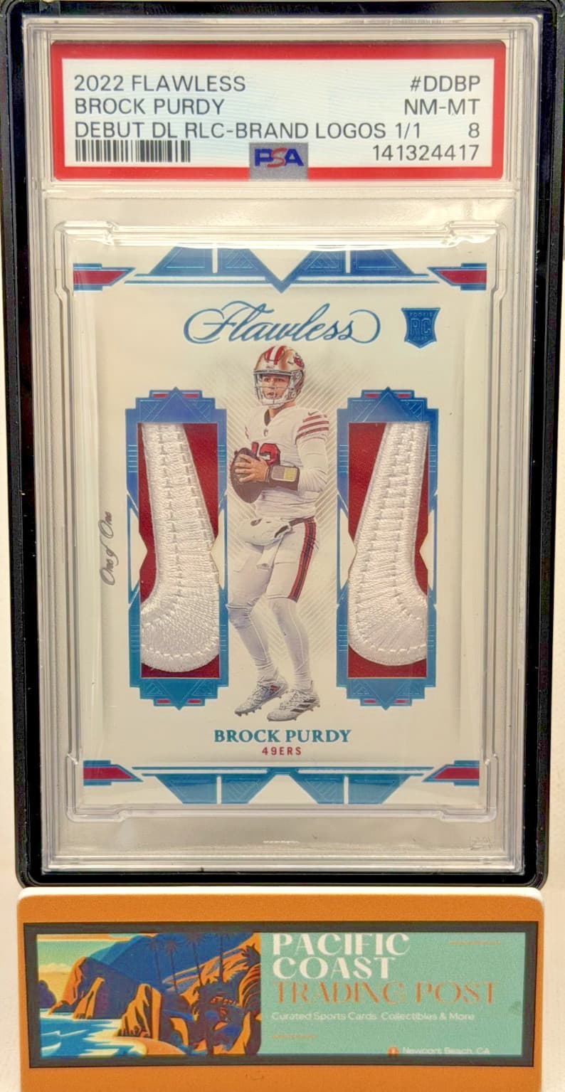 2022 Flawless- BROCK PURDY #DD-BP-Rookie Dual Relic Nike Swoosh Patch- 1/1-PSA 8