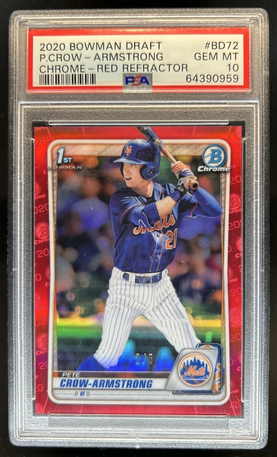 2020 Bowman Draft Pete Crow-Armstrong Chrome Red Refractor 1st #/5 Mets PSA 10
