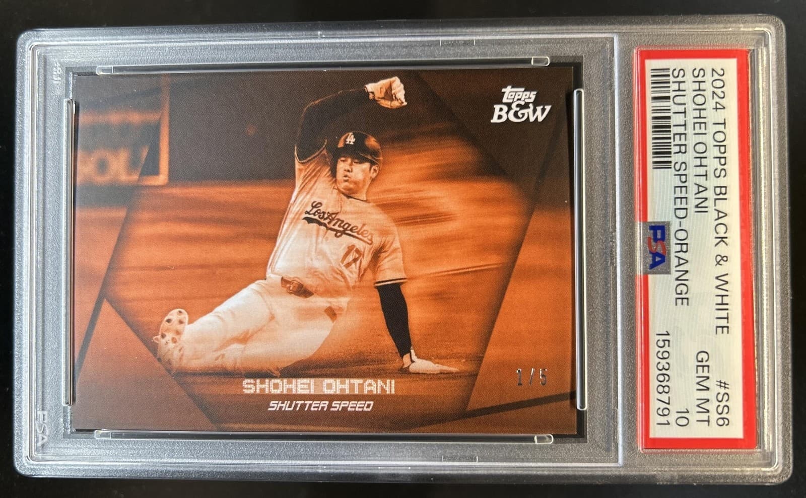 2024 Topps Black & White Shohei Ohtani Shutter Speed Orange #/5 Dodgers PSA 10