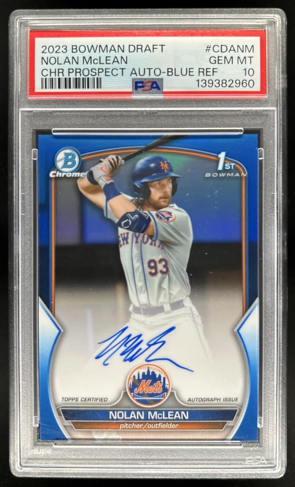 2023 Bowman Draft Nolan McLean Chrome Auto Blue Refractor 1st #/150 Mets PSA 10