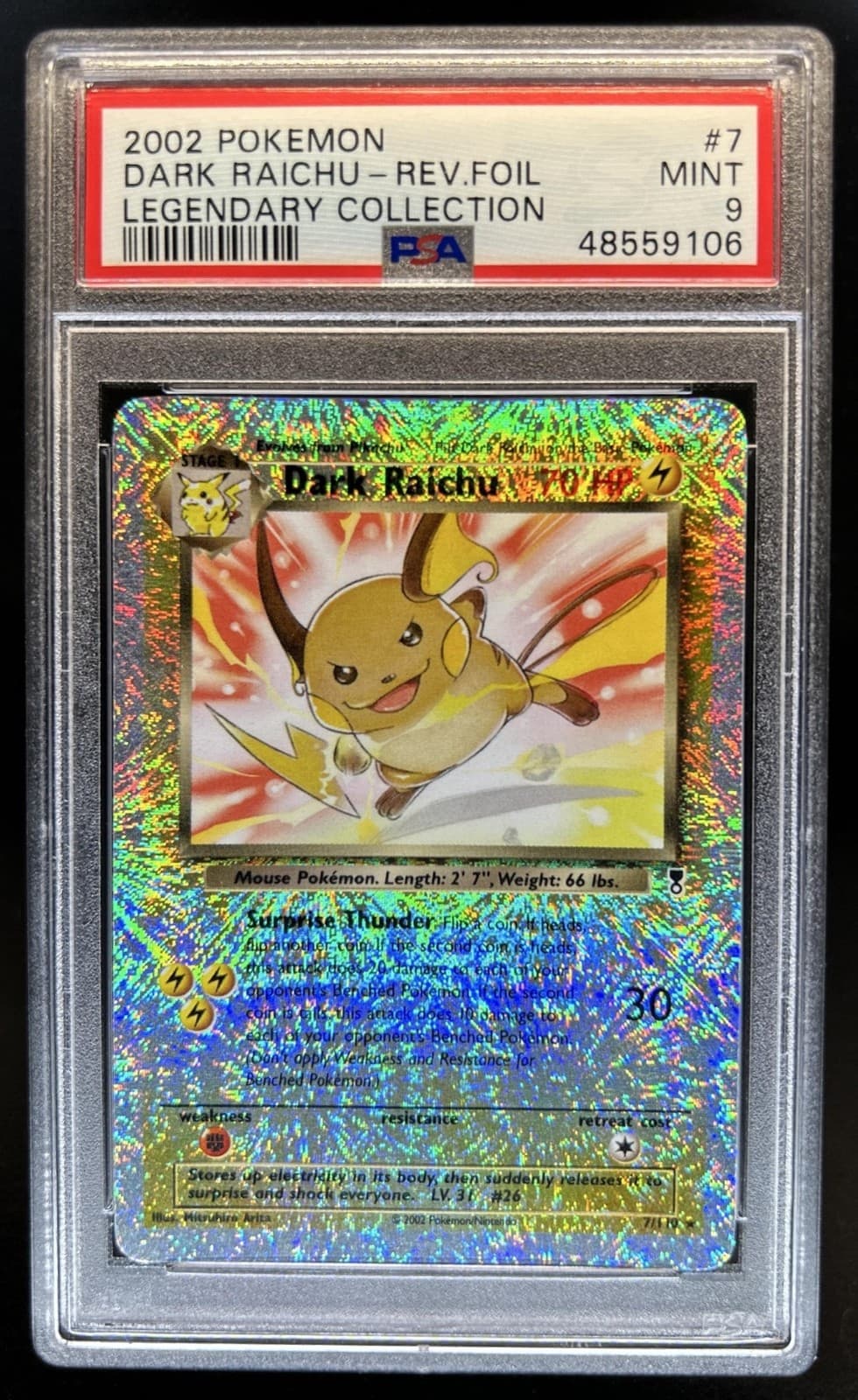 2002 Pokemon Legendary Collection Dark Raichu Reverse Holo #7/110 PSA 9