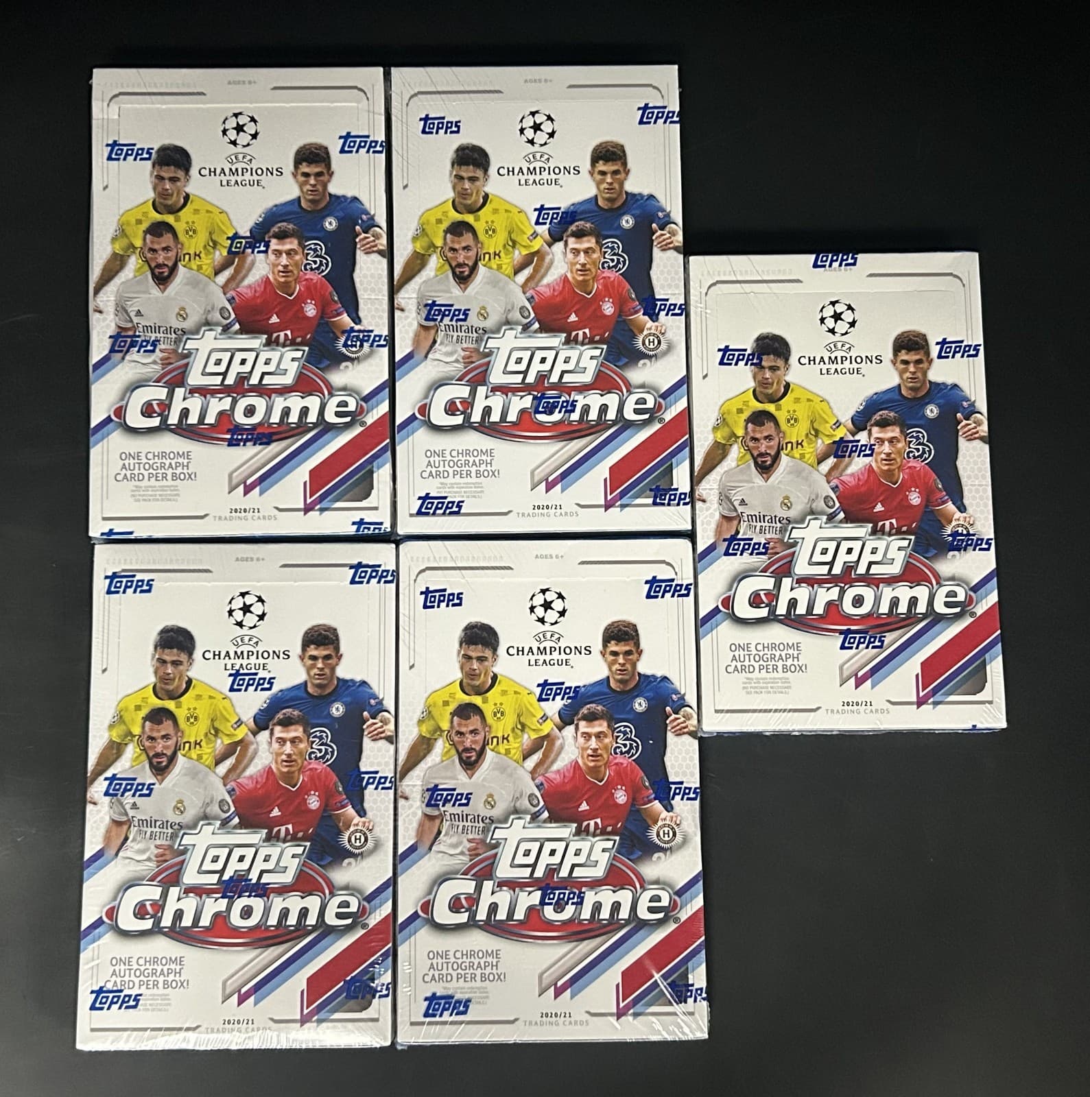 LOT of (5) 2020-21 Topps UEFA Champions League Chrome Soccer Hobby Boxes Sealed