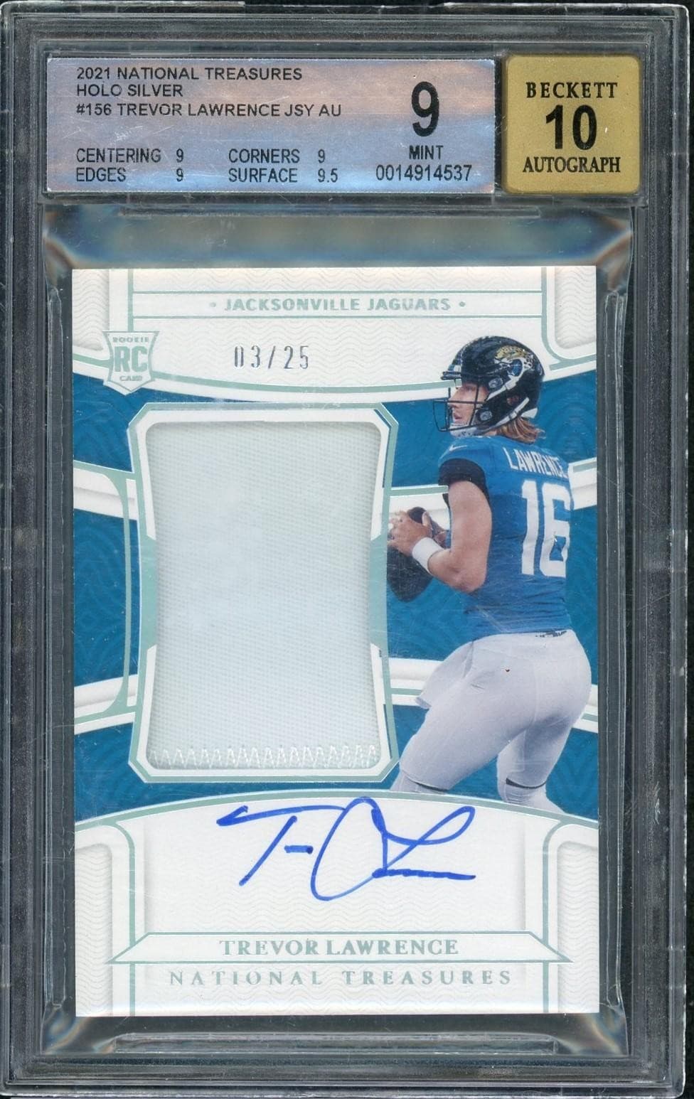2021 Panini National Treasures Trevor Lawrence Rookie Patch Auto /25 #156 BGS 9